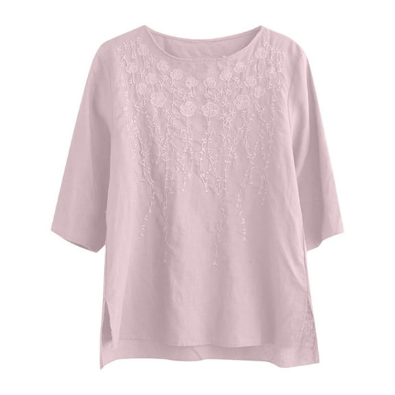Ediodpoh Embroidered T Shirt for Women Summer Short Sleeved Top Plus Size High End T Shirt for Women Ethnic Style Clothing Womens Tops Casual Pink XXXL