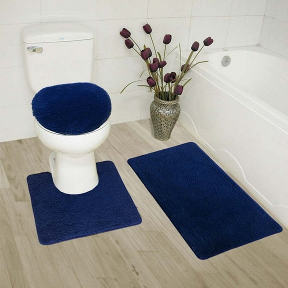 3 Piece #6 navy blue solid bathroom rug set 1 bat mat 19" x 30" , 1 contour mat 19"X 19", 1 lid cover 19"X 19" anti slip with rubber backing chenille super soft touch