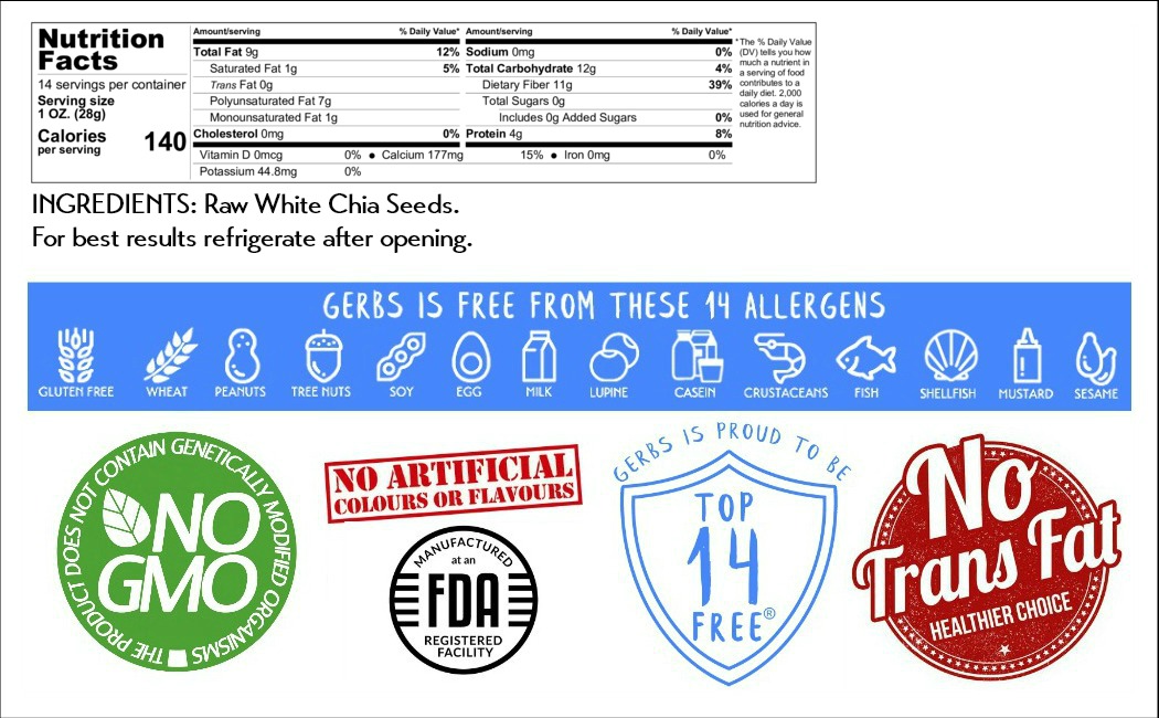 Raw White Chia Seeds, 14 oz. by Gerbs ? Top 14 Food Allergy Free & NON GMO - Vegan & Kosher - Premium Quality Grown in Canada