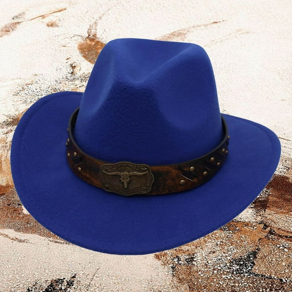 HNMKIU Western Cowboy Jazz Bowler Hat with Unique Cow Head Embellishment for Ethnic Style Blue,One Size