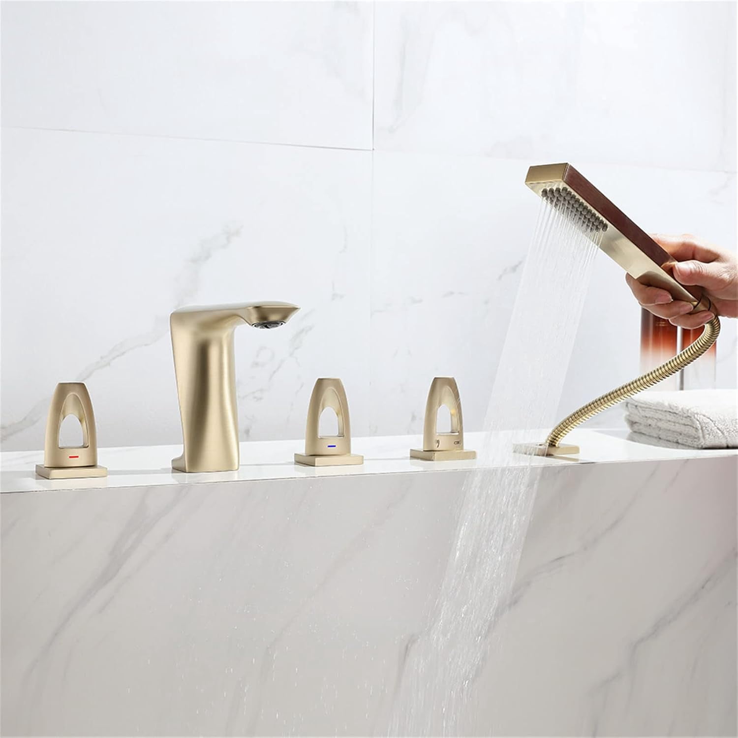 Bathtub Faucet, 5pc Deck Mounted Bath Shower Set Brass Hand Shower Basin Mixer Tap Widespread Tub Sink Faucet