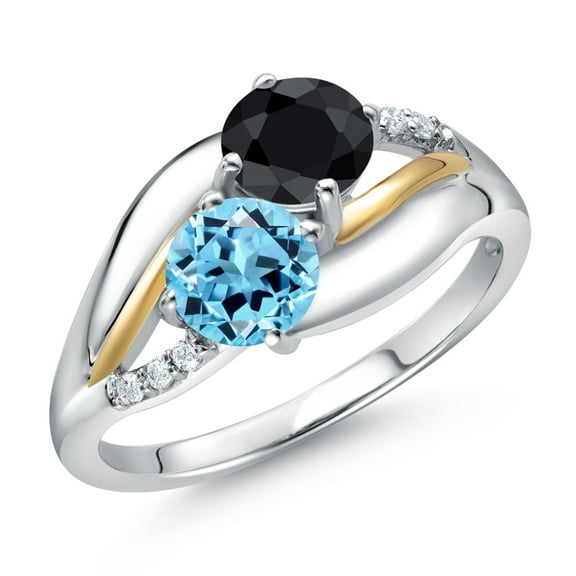 Gem Stone King 925 Sterling Silver and 10K Yellow Gold Swiss Blue Topaz Black Sapphire and Lab Grown Diamond 2 Stone Engagement Ring for Women (1.38 Cttw, Round, November Birthstone, Size 9)