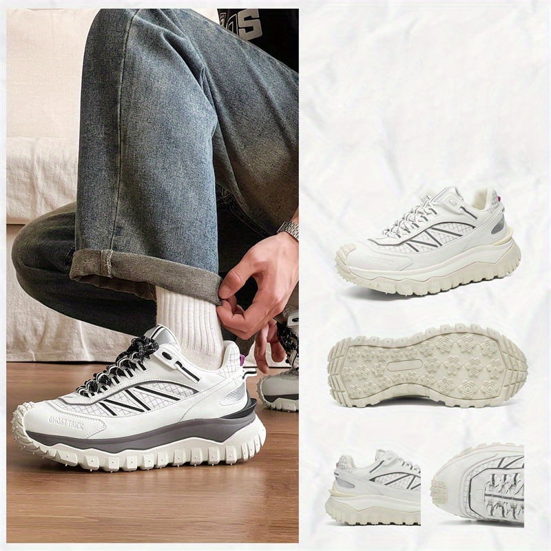 Men'S Chunky Platform Sneakers - Slip-On/Lace-Up Closure, Cushioned PVC Sole, All-Season Outdoor Hiking & Casual Shoes in White/Gray/Black colorway - for Everyday, Gym, Travel - Breathable Fabric