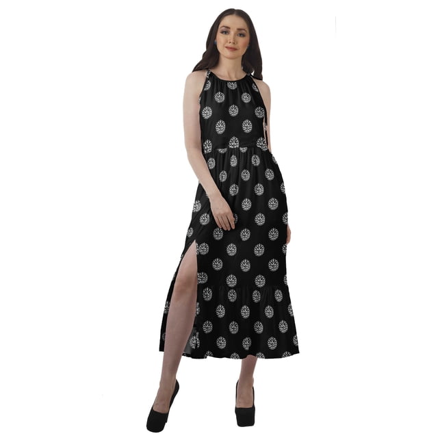 Moomaya Robe de Vacances Sans Manches en Rayonne à Col Halter avec Fente avant pour Femmes