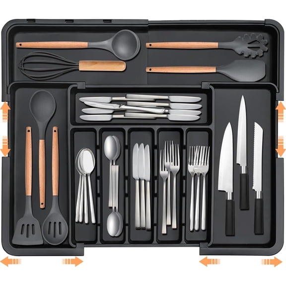 YOSUOPOC Expandable Kitchen Drawer Organizer, Adjustable Silverware Tray with 6-9 Slots, Fits 13.2 to 22 Inch Drawers, BPA-Free Utensil Divider for Spoons Forks Knives