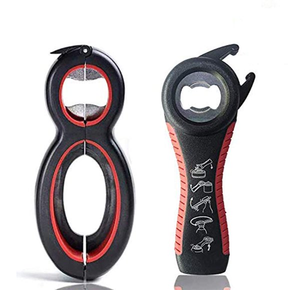 Bottle Opener Set, 5-in-1 and 6-in-1, Can, Soda, and Jar Openers, Twist Off Lid – Jar Opener for Seniors and Arthritic Hands (2pcs) (Black Red)