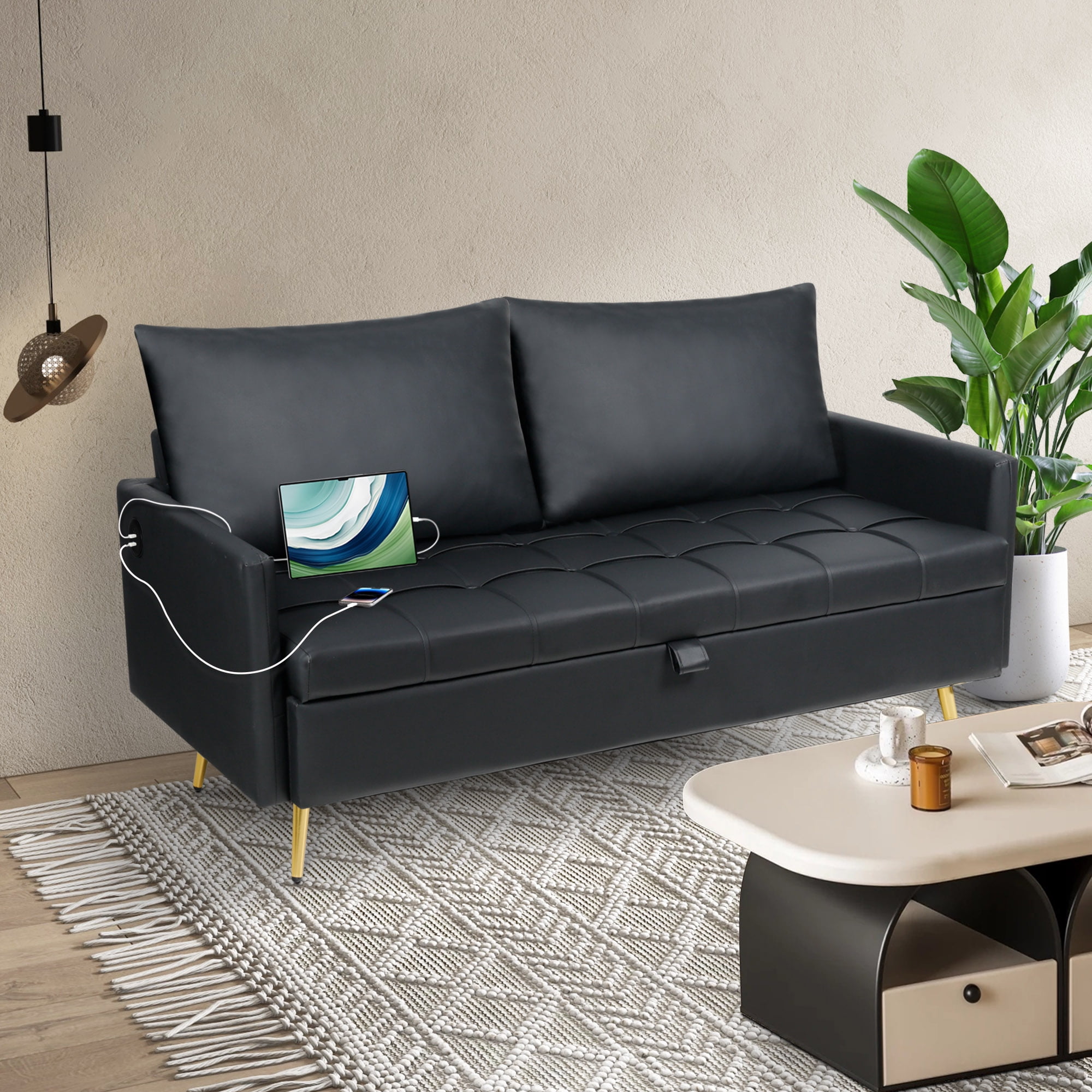 Coewske 60'' W Faux Leather Loveseat Sofa Couch w/ Storage Space & 2 USB Charging Ports Black