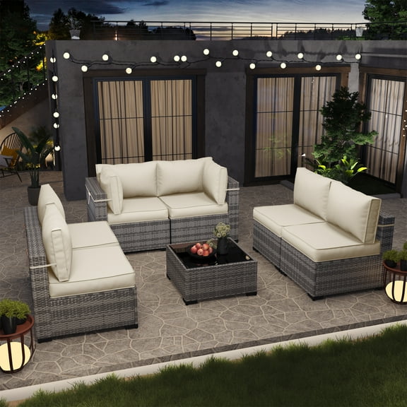 YOUDENOVA 6-Person Outdoor Seating Set with Cushions & Coffee Table – Elegant & Comfortable Patio Furniture for Gardens, Balconies, and Backyards