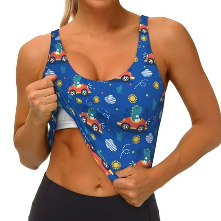Qokaie Dinosaur Driving Pattern Womens Scoop Neck Sports Bra Breathable Workout Vest Padded U Back Medium Impact Fitness Gym Yoga Bra Workout Crop Top
