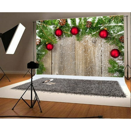 Vintage Christmas Music Background GreenDecor Polyster 7x5ft Photography Backdrop Christmas Balls Green Matsugae Pine Cone Snow Vintage Wood Floor Xmas Background Baby Kids Adults Photo Studio Props ()