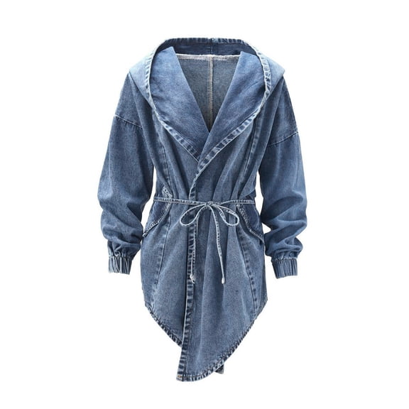 Jean Jacket for Women Waist Cinching Hooded With Belt Windbreaker Long Sleeved Cardigan Denim Jacket Coat with Pockets