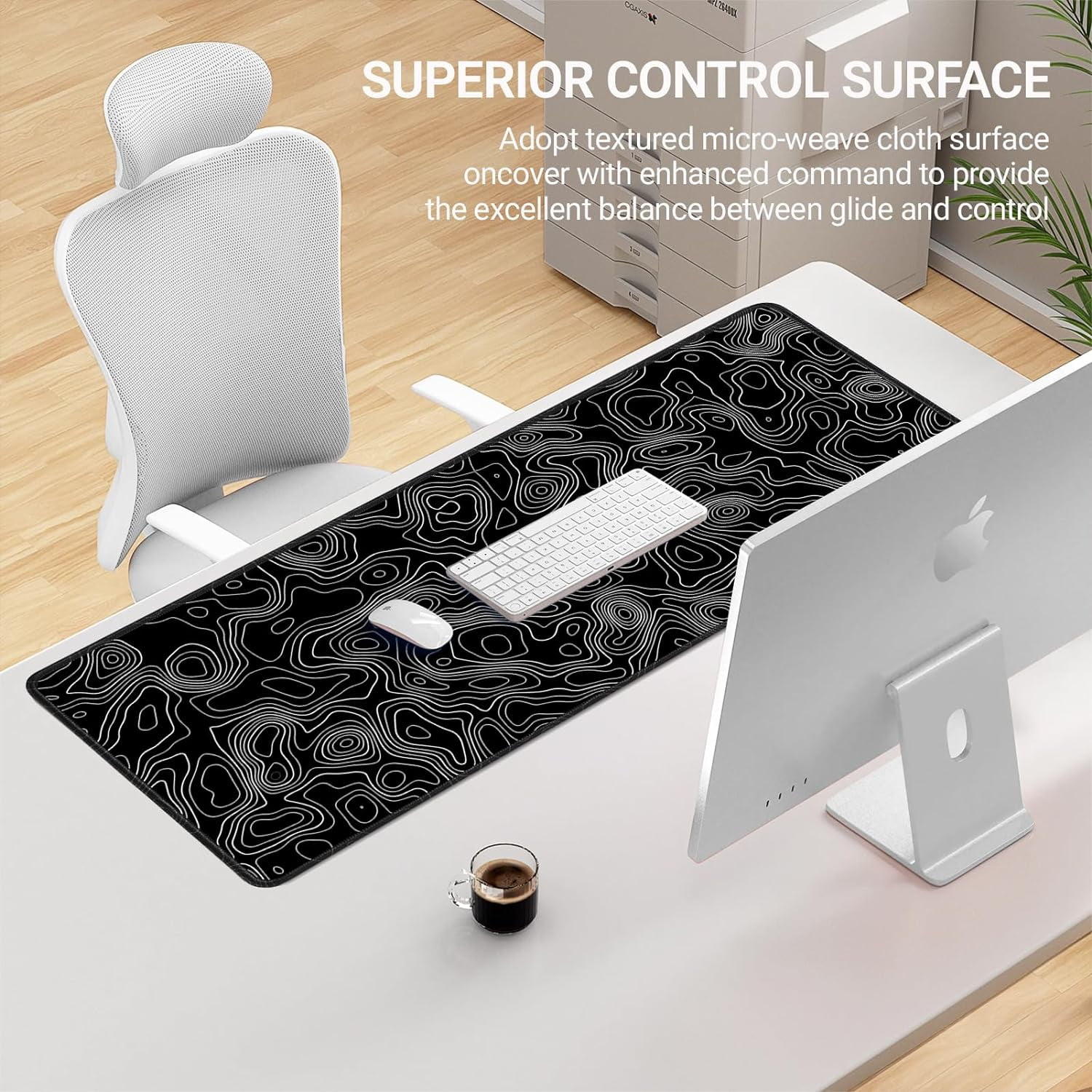 Topographic Contour Gaming Mouse Pad Large,XL Desk Pad Computer Mouse Pad for Keyboard with Stitched Edges, Anti-Slip Base,Waterproof Mousepad,Big Mouse Pad (Black,31.5" x 11.8")