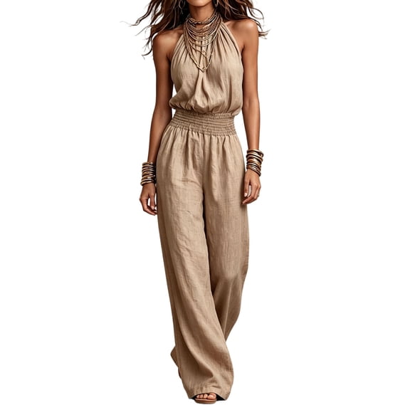 TEAJOPSUU Women's Jumpsuits Trendy Halter Neck Backless Sleeveless High Elastic Waist Wide Leg Jumpsuits Elegant Solid Summer Overalls Khaki