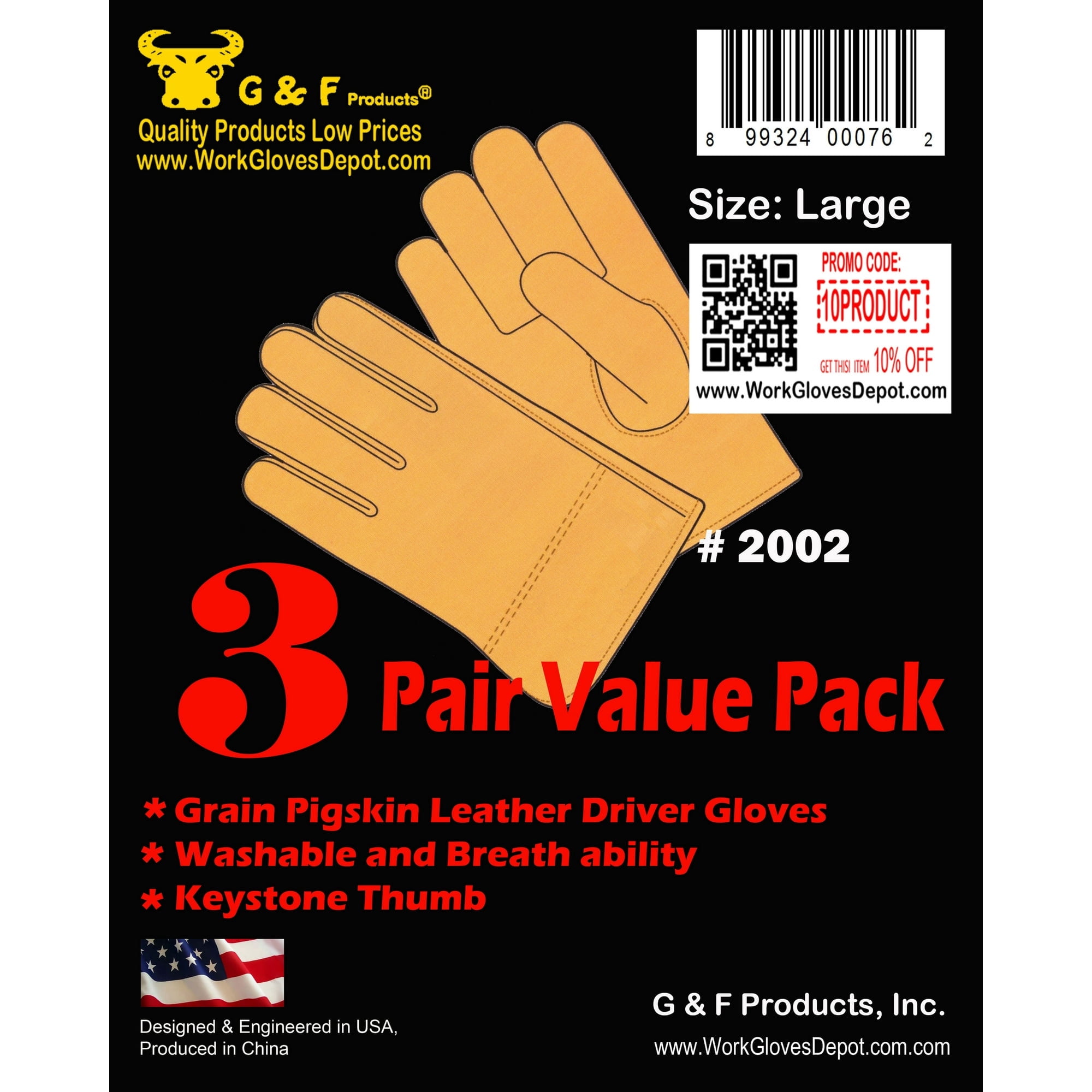 G & F Grain Pigskin Leather Work Gloves, Size Small, 3 Pairs