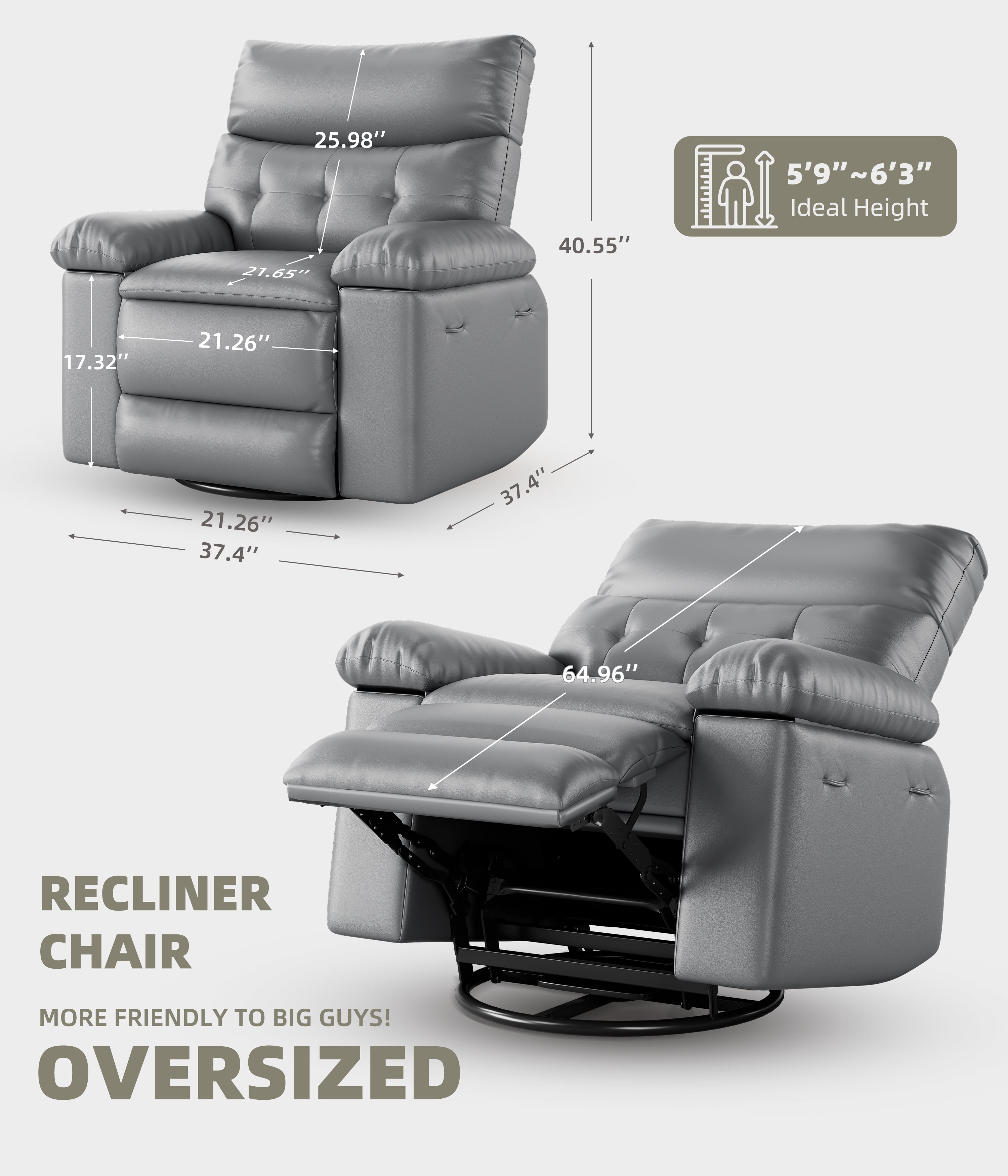 Manual Recliner Swivel Chair with Side Pocket, PU Leather Living Room Recliner, Space-Saving Single Sofa for Bedroom, Nursery & RV