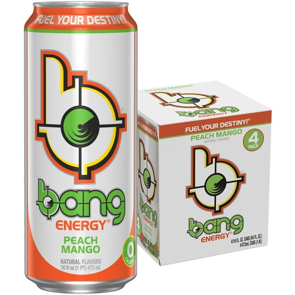 BANG Energy Drink, Peach Mango, 16 fl oz, 4 Pack