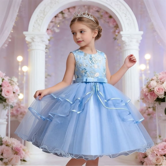 BRGZLK Girl's Formal Dress Embroidered Floral Sleeveless Round Neck Tiered Tulle Dresses Wedding Flower Girl Dresses Kids Party Festival Dress Blue 7-8 Years