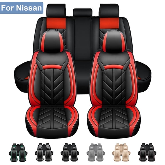 For Nissan Car Seat Covers 5-Seats Full Set, Waterproof Pu Leather Auto Cushion Protector for Altima LEAF Murano Rogue Sport Sentra Versa Note Maxima Xterra, Black Red