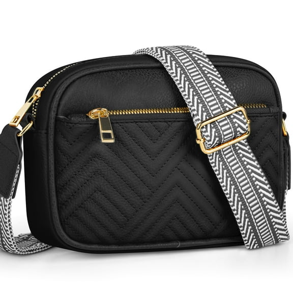 DAKOMM Crossbody Bags for Women, Quilted Crossbody Bags, Vegan Leather Purses Small Shoulder Handbags with Colorful Wide Strap, Trendy Design Shoulder Purse for Travel, Black