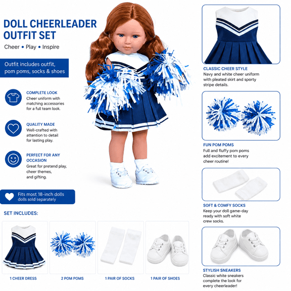 18 Inch Doll Cheerleader Outfit Set with Pom Poms, Socks & White Sneakers – Navy Blue Cheer Uniform for 18” Dolls
