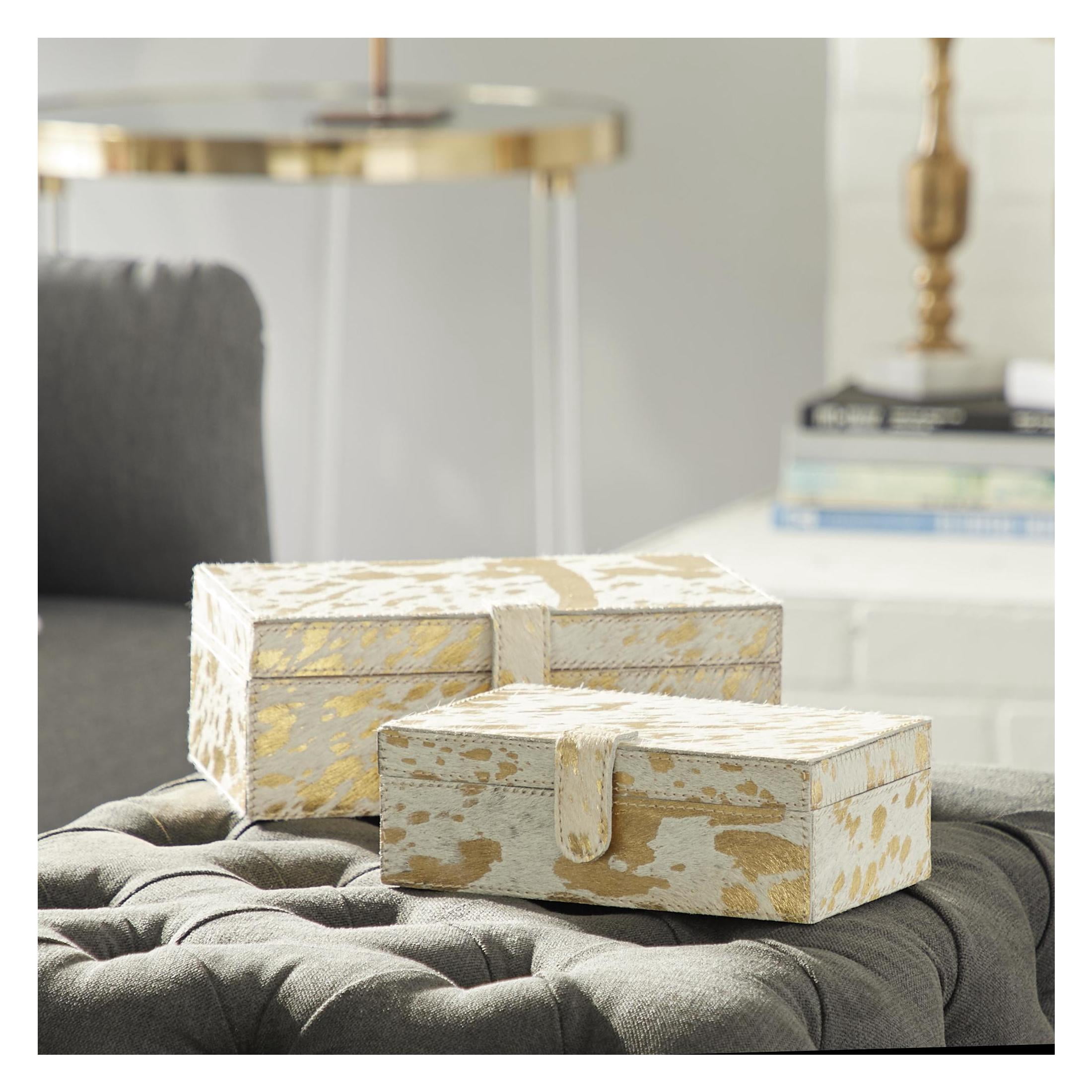 DecMode Handmade Gold Leather Decorative Box with Snap Front Closure and Detailed Stitching, 2 Count