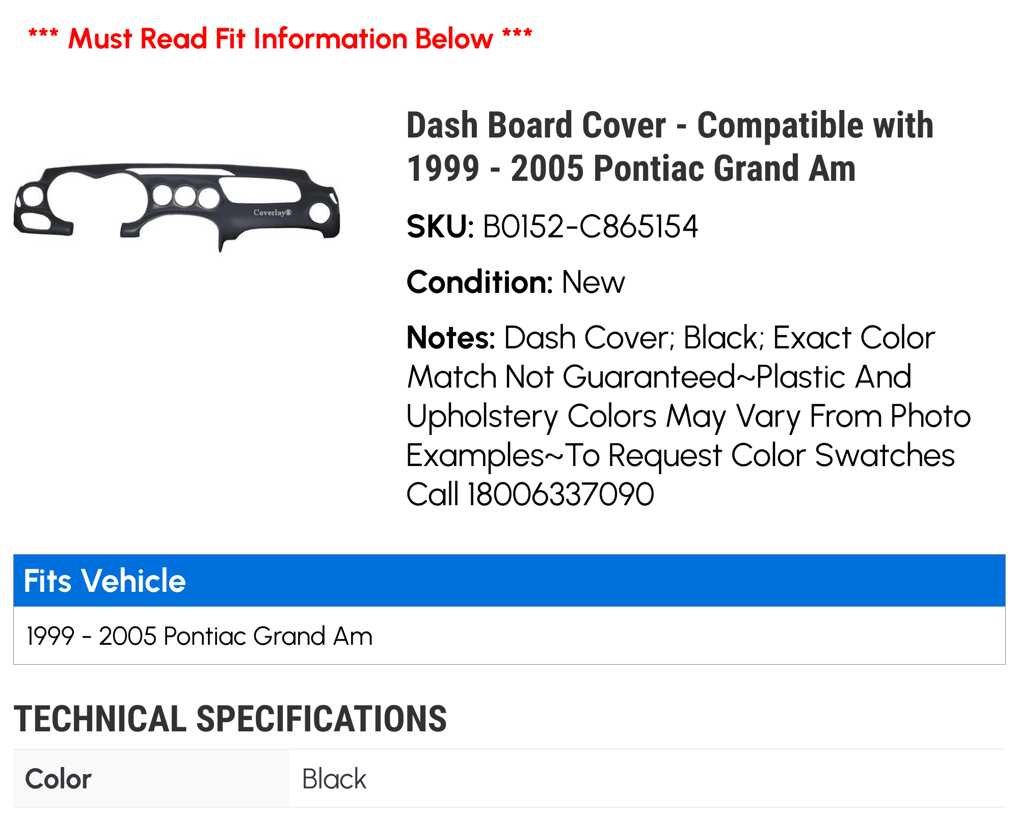 Dash Board Cover - Compatible with 1999 - 2005 Pontiac Grand Am 2000 2001 2002 2003 2004