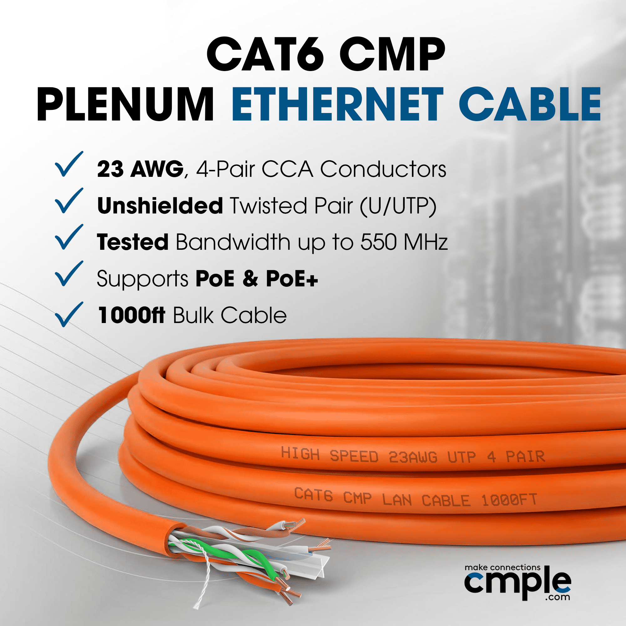Cmple Cat6 Ethernet Cable 1000ft Plenum CMP 23AWG 550MHz UTP Solid 10Gbps PoE In-Wall Rated Bulk LAN Network Cable DSX-8000 Tested Pull Box - Orange