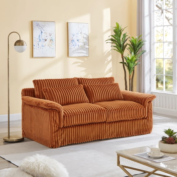 74" Orange Corduroy Loveseat Sofa, Modern 2-Seater Couch for Living Room, Bedroom and Small Spaces, Comfy Velvet Seat with Pillow Top Arms
