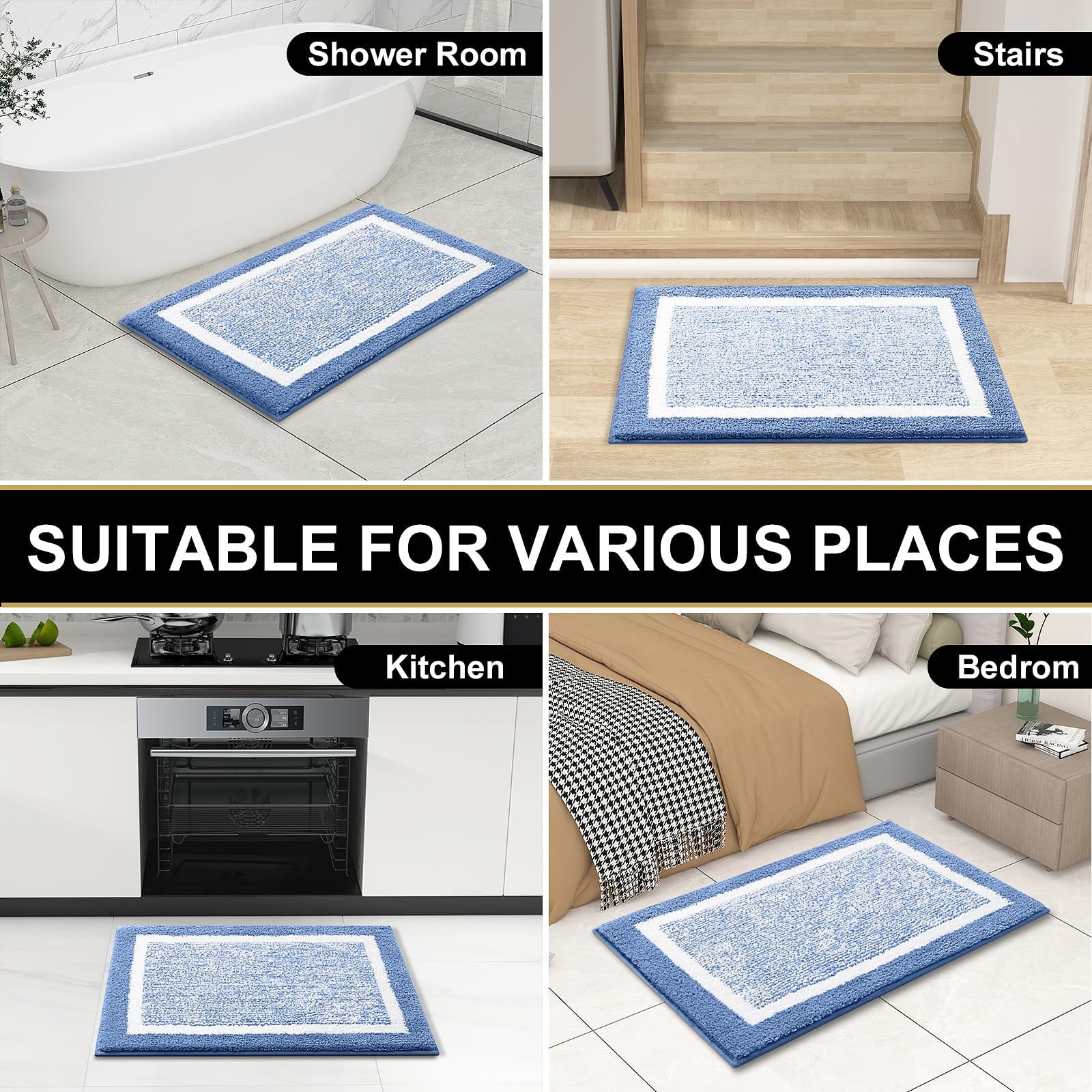 Buganda Bathroom Rugs and Mats, Extra Soft and Absorbent Microfiber Bath Mats, Non-Slip Shaggy Bath Carpets, 20x30, Blue