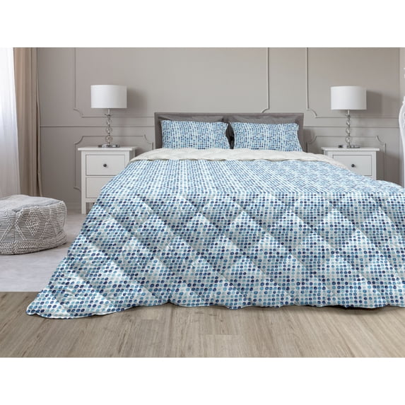 Blue Comforter & Sham Bedding Set, Retro Hand Drawn Circles Rounds Color Cells Painted Bubble Like Grungy Style Tile, 3 pcs Duvet Set Microfiber Filling Quilt, 5 Sizes, Blue Pale Blue, by Ambesonne