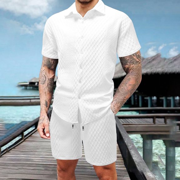 SOOMLON Summer Outfits for Men Big and Tall Button Down Waffle Shirts Short Sleeve Outfits Vacation 2 Piece Sets