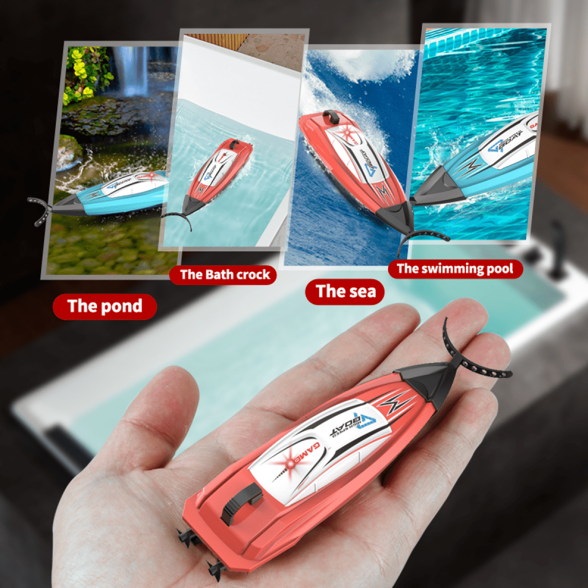 Mini 2.4G Remote Control Boat High Speed Electric Speedboat Children's Indoor Water Play Competitive Water Push Boat Toy-BLUE