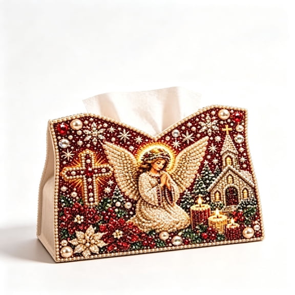 syligr DIY Diamond Art Tissue Box Kit for Christmas Decorations, Angel & Church Pearl Tissue Box Kit for Adults, Craft Diamond Ornament for Tabletop Decoration, Vintage Holiday Party Decor Gift