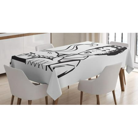 Serving Wear Vintage Woman Tablecloth, Housewife Wearing Mittens Holding and Serving Freshly Baked Pie at Home, Rectangular Table Cover for Dining Room Kitchen, 60 X 84 Inches, Black and White, by Ambesonne ()