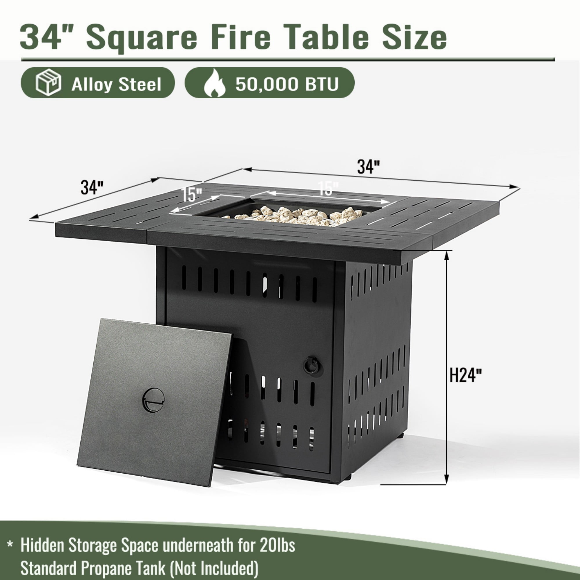 BOFANG 34 in x 34 in Rectangular 50000 BTU Propane Black Finish Steel Fire Pit Table with Smokeless