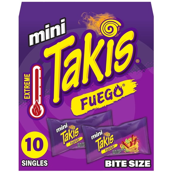 Takis Fuego Mini 10 pc / 1 oz Bite Size Box, Hot Chili Pepper & Lime Rolled Tortilla Chips
