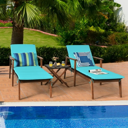 Costway 3pcs Patio Rattan Lounge Chair Folding Table Set Chaise Wood Cushioned Turquoise Canada Costway 3pcs Patio Rattan Lounge Chair, Chaise Lounge Outdoor Foldable Table