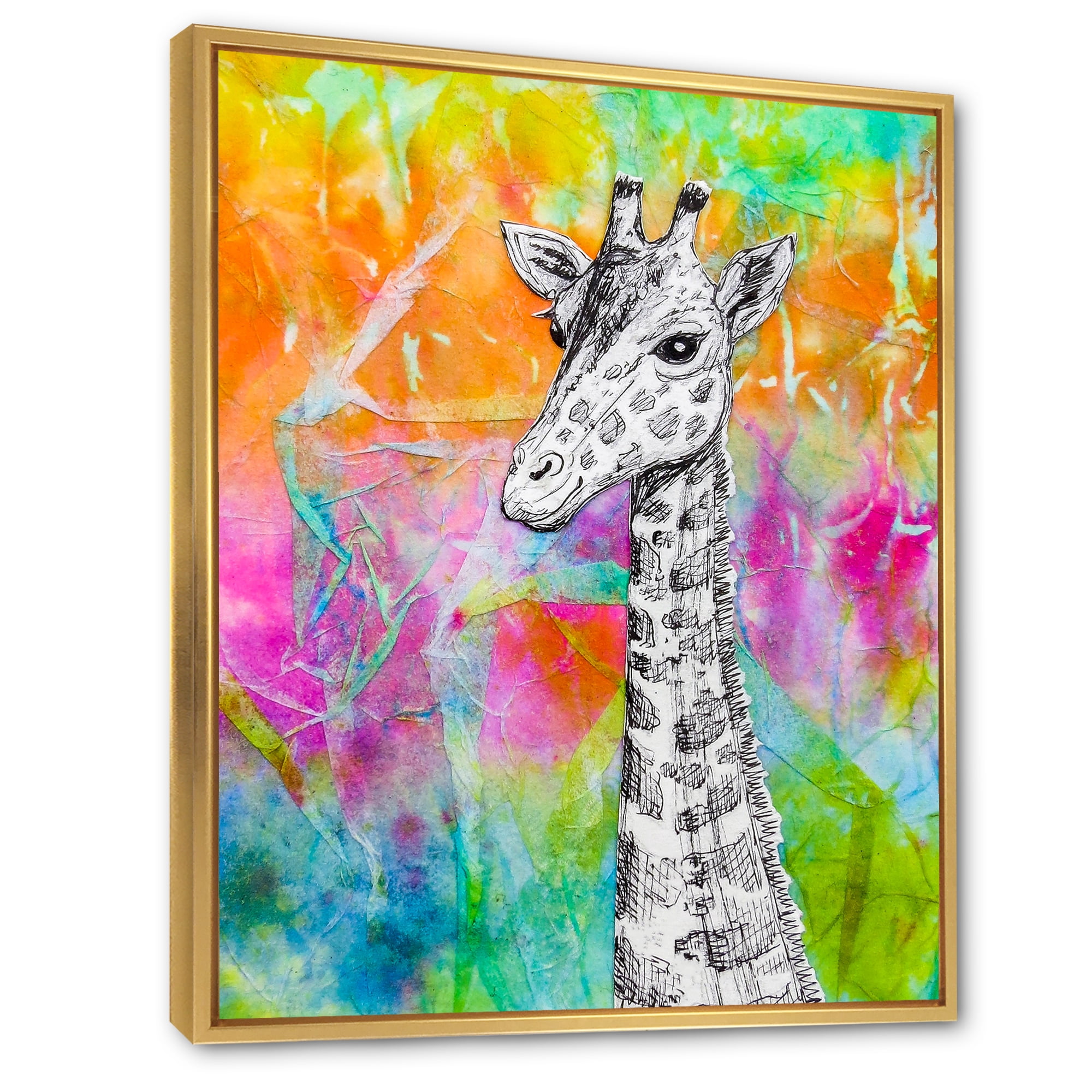 Monochrome Giraffe Drawing On Bright Rainbow 16 in x 32 in Framed Painting Canvas Art Print, by Designart