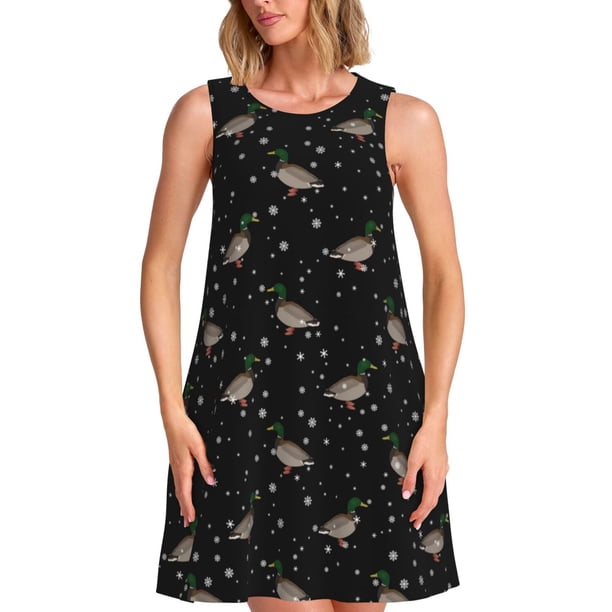 Fotbe Mallards And Snowflakes Vestido de Verano sin Mangas para Mujer – Vestido Midi Línea A, Estilo Camiseta Floral, Vestido Playero Casual y Fluido