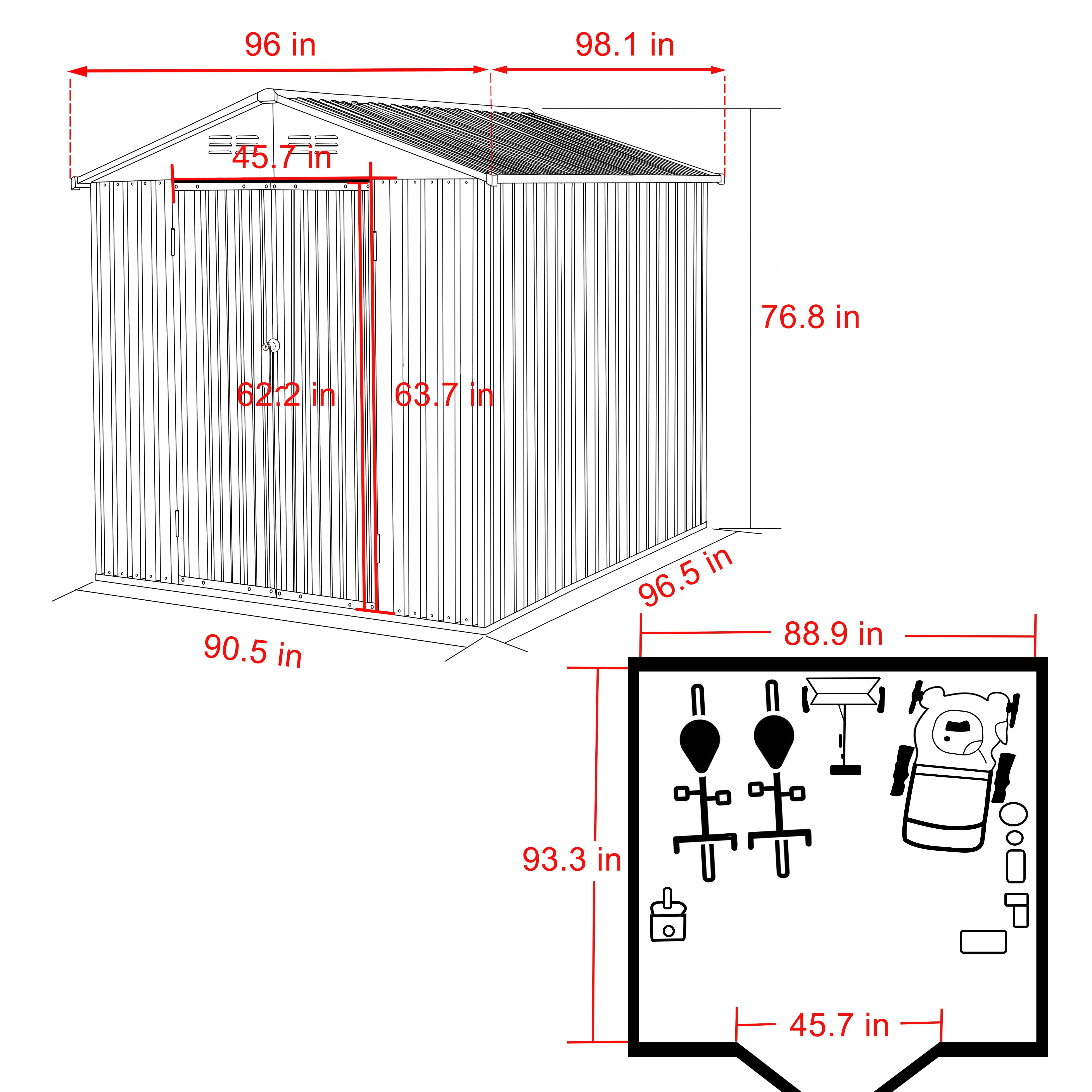 VEIKOUS 8ft x 8ft Outdoor Storage Shed, Galvanized Steel Storage House w/Lockable Sliding Door, Gray