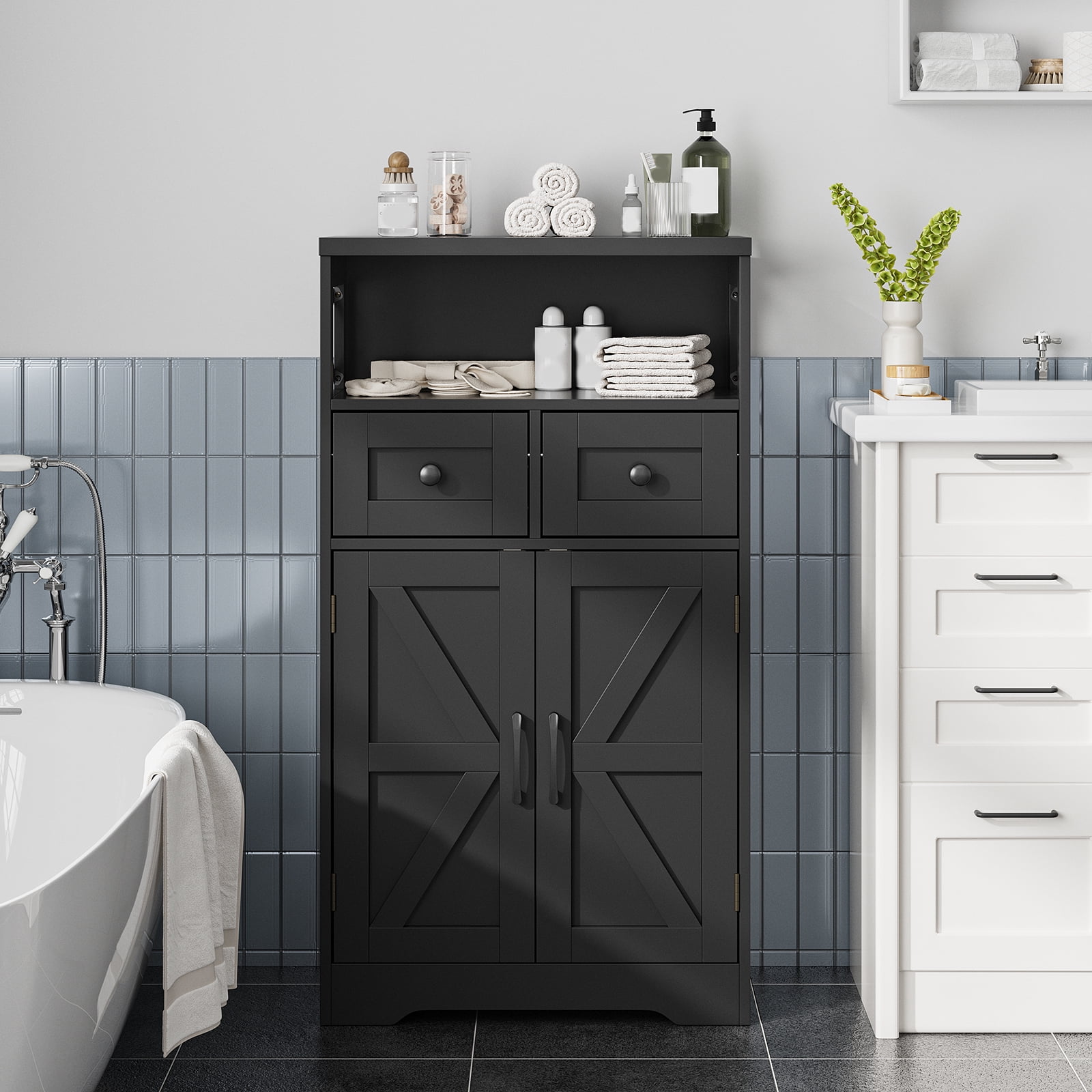 VEANERWOOD Bathroom Floor Cabinet Wooden Storage Organizer with 2 Barn Door, 2 Drawers & Adjustable Shelf, 42.7"H Floor Bathroom Storage Cabinet