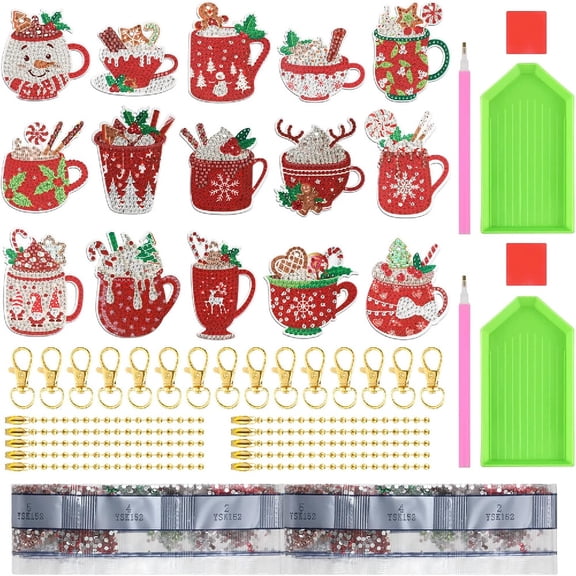 15X-Diamond Painting Keychain Ornaments 5D DIY Hot Cocoa Art, Kids New Christmas