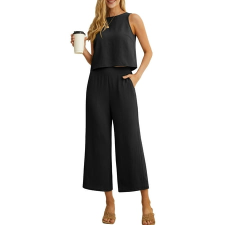 Cueply Women's Summer 2 Piece Outfits Lounge Sets Sleeveless Crop Top Wide Leg Cropped Pants with Pockets