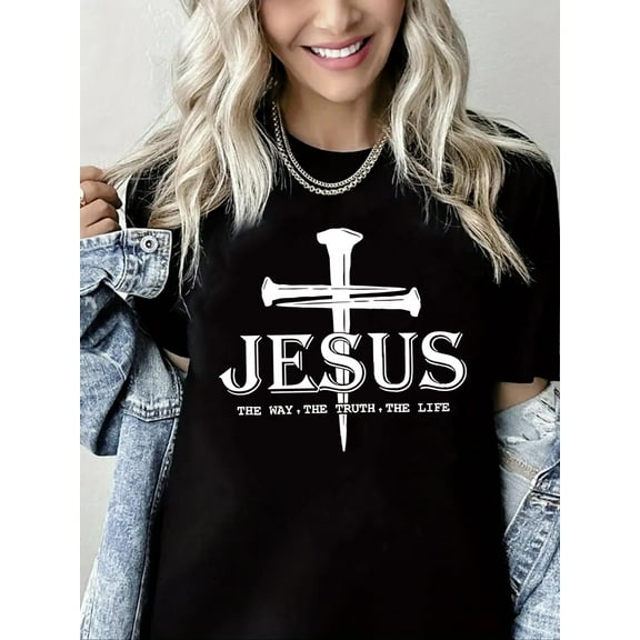 Women Christian T-Shirt Cross and Jesus Graphic Shirt Casual Loose Short Sleeve Crew Neck Top