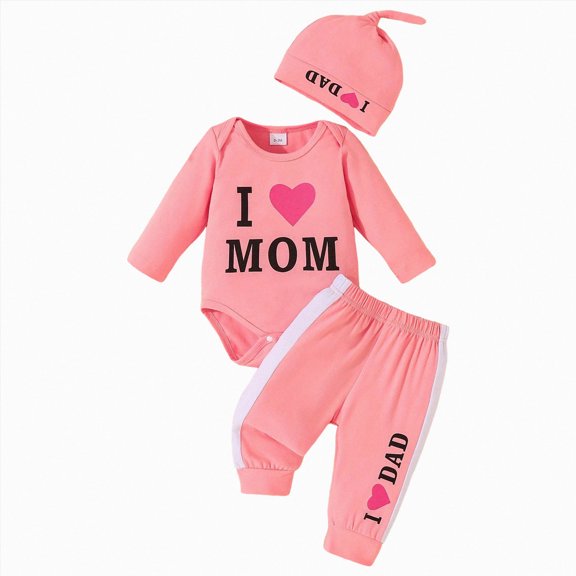 BOBOGOJP Newborn Baby Girl Clothes I Love Mom and I Love Dad Printed Bodysuit Pants Infant Girls Outfits Set (Pink, 12-18 Months)