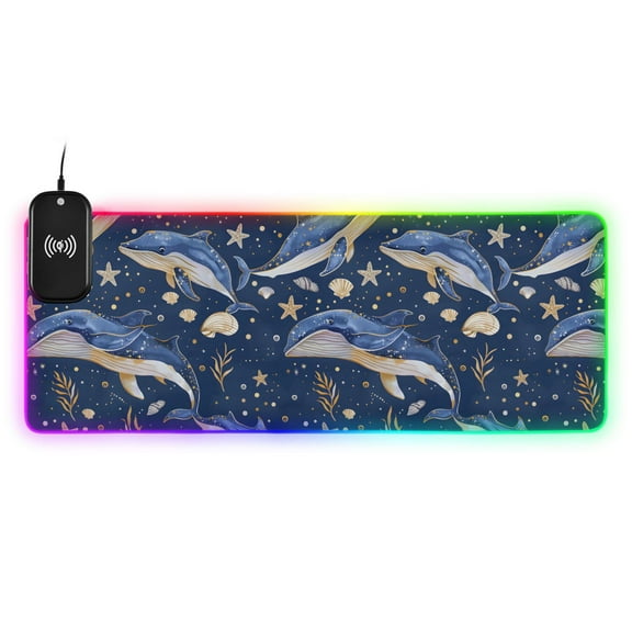 RGB Gaming Mouse Pad 15W Wireless Charging Large Waterproof Desk Mat 13 Light Modes Mousepad 31.5x11.8 Blue Whales Star Seaweed