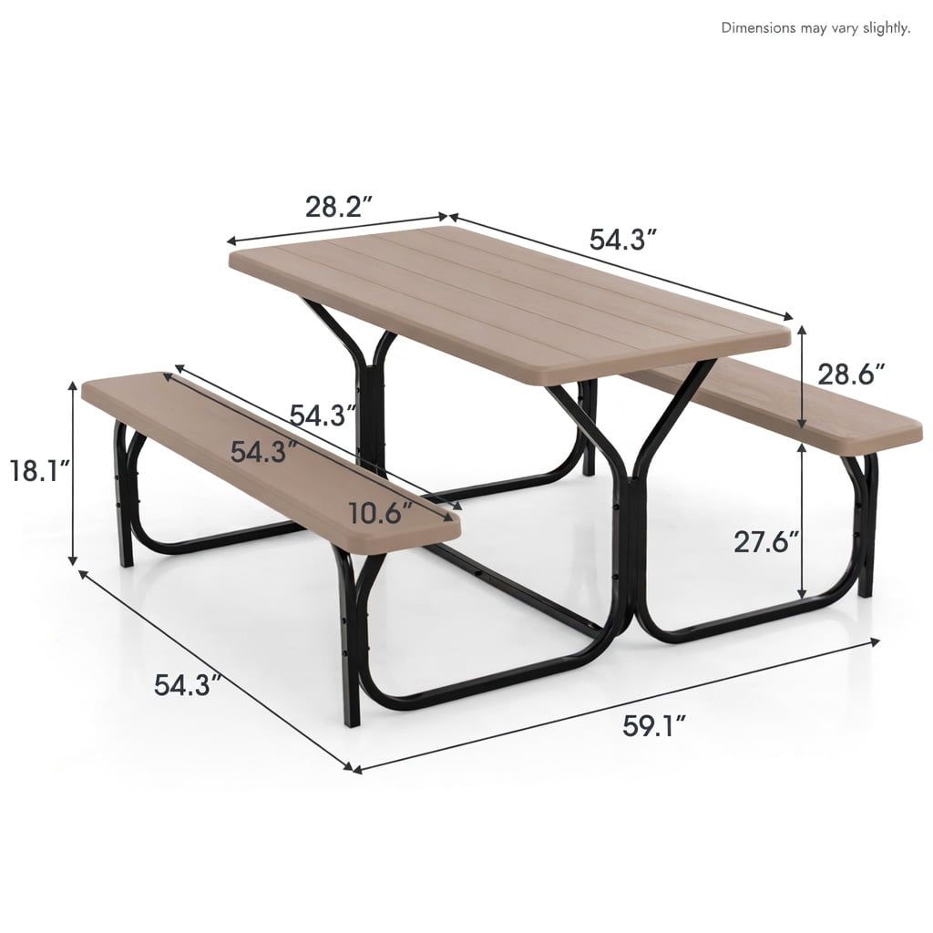 Hommoo HDPE Outdoor Picnic Table and Bench Set with Powder-Coated Steel Frame, Weather-Resistant, Easy-Assembly Backyard Dining Set, Coffee