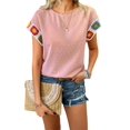 thumbnail image 2 of Blusas de Verano para Mujer, Camisetas Casuales de Corta, Cuello Redondo, Blusas Bohemias con Estampado Floral de Crochet. Rosa L, 2 of 10