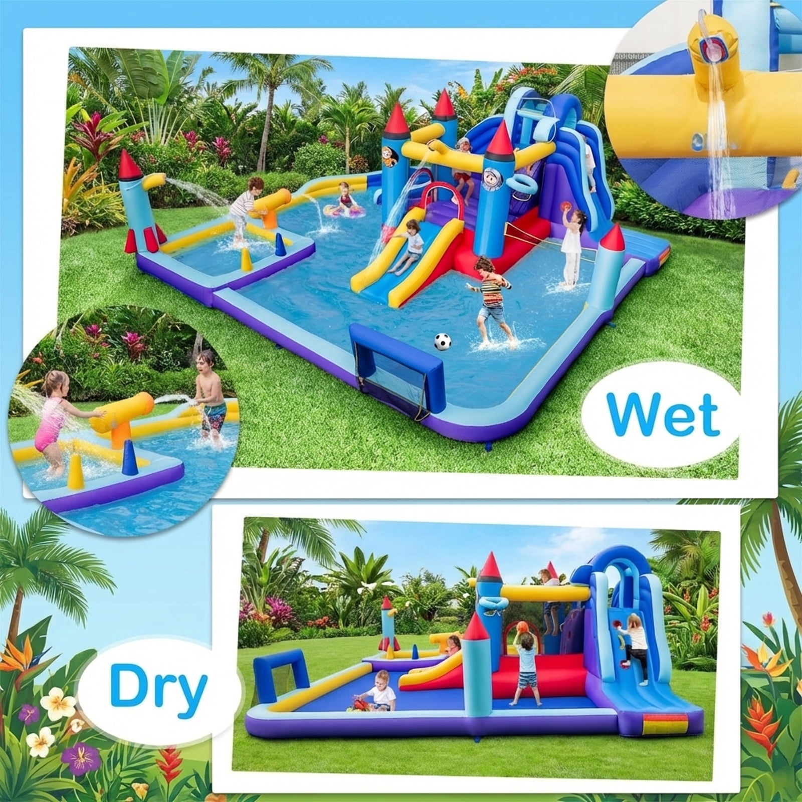 Redsmile Rocket Theme Inflatable Water Slide Park - Multicolor - Kids Birthday Party - Backyard Fun - Summer Play