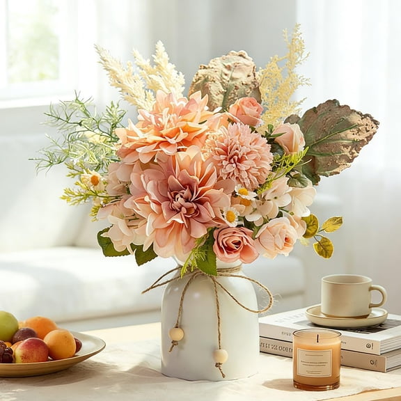 Fake Flowers with Vase Silk Dahlia Artificial Flowers in Vase Faux Hydrangea Flowers Arrangements with Vase for Home Office Decoration Dining Table Centerpiece (Pink)
